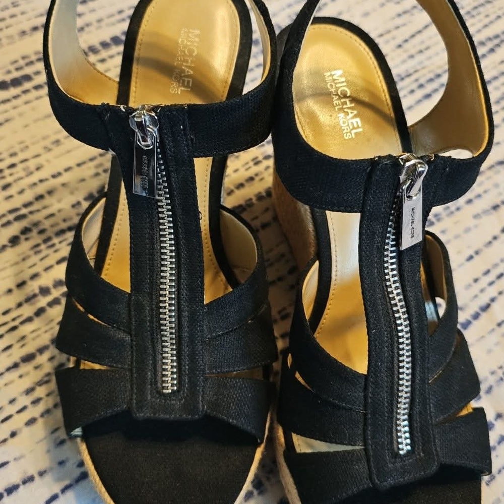 Michael Kors Black Wedge Sandals with Silver Zipper